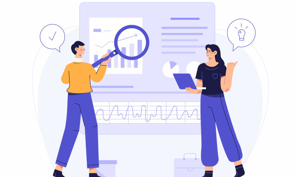 SEO 101, Illustration with two people standing in the middle of the screen. One holding a magnifier and second one holding a book.