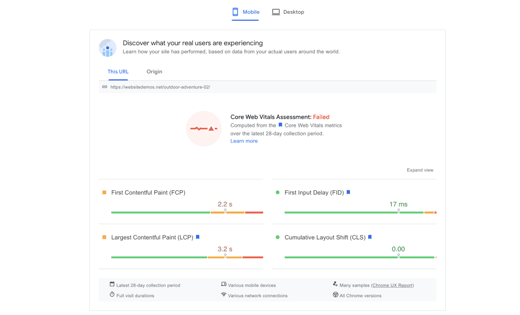 Google PageSpeed Insights field data Dane terenowe